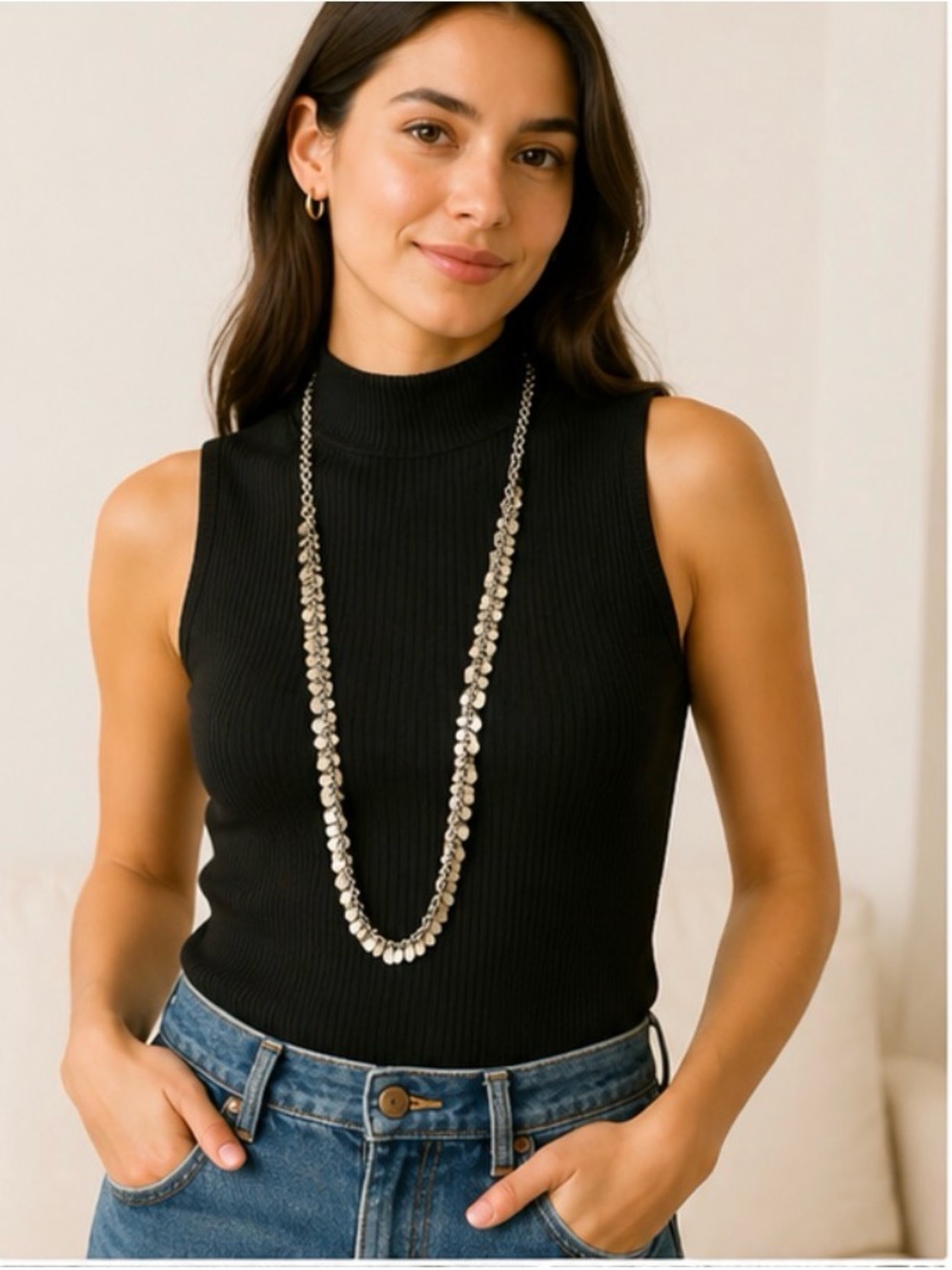 Long Silver Hammered Disc Layered Necklace - Women Jewelry